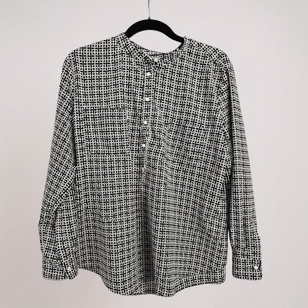 Joe Fresh Blouse‎ Geometric Medallion Print Black Ivory Band Collar XL XL/TG